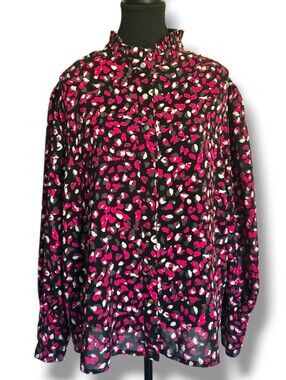 Marble Scotland Blouse Black Pink Abstract Ruffle Collar Button Long Sleeve Top